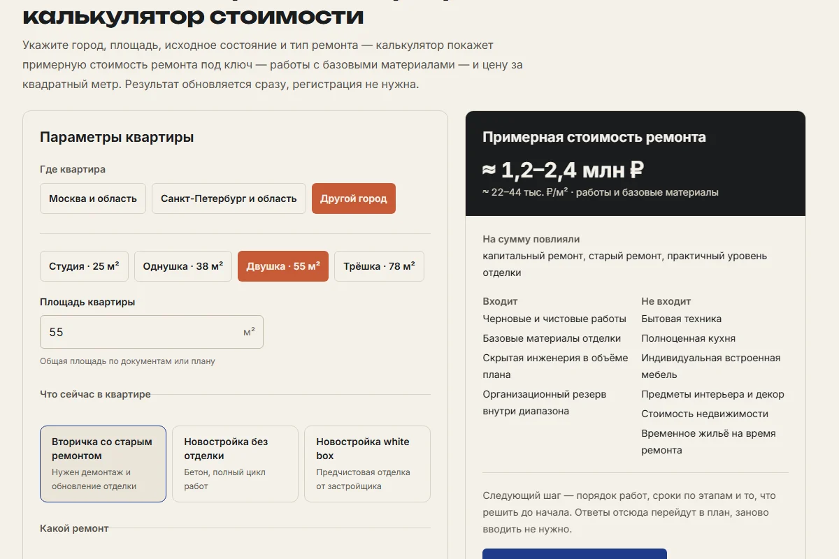 Калькулятор стоимости ремонта в Квартуме: регион, площадь и диапазон цены